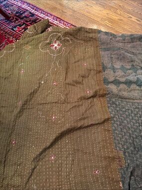 Kantha Hand-stitched Olive Green & Teal Kantha Throw